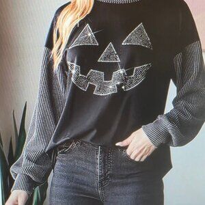 Black/Gray Halloween Rhinestone Pumpkin Crewneck Ribbed Sweatshirt - Large